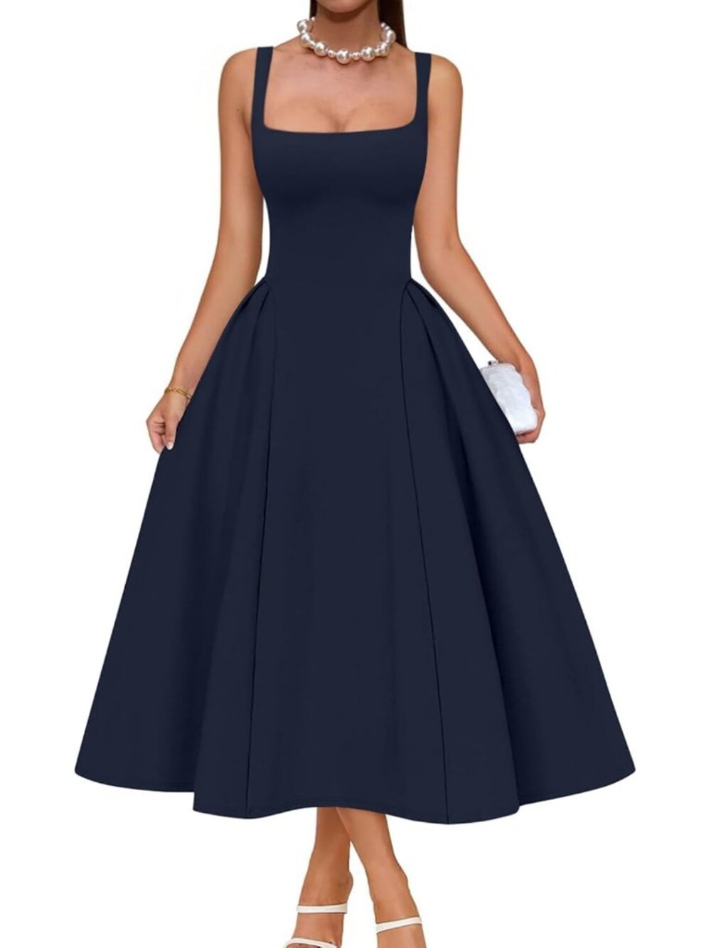 Women's Navy Blue Elegant Square Neck Sleeveless Swing A Line Solid Midi Dress